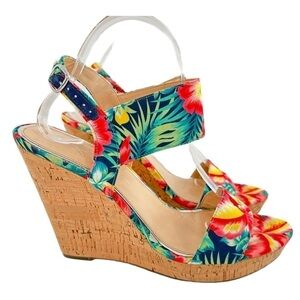 Jessica Simpson Jeisha sandals 10 40 multicolored floral tropical cork wedges
